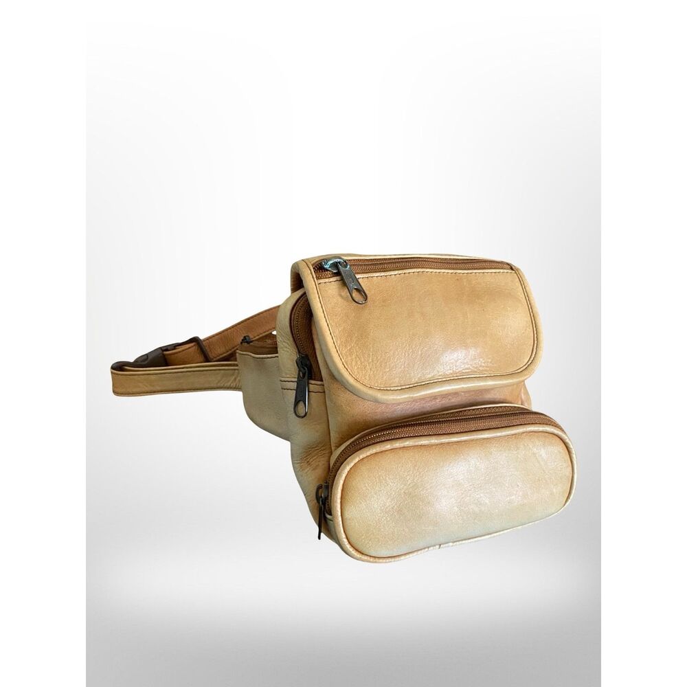Y2K Vintage Leather Tan Fanny Pack Waist Bag Retro Utility Hip Belt Pouch 90s